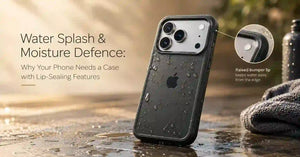 Water-resistant phone case on an iPhone with raindrops on the raised bumper lip