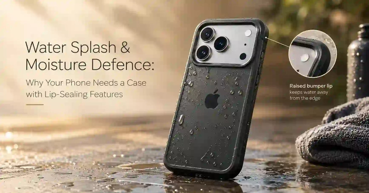 Water-resistant phone case on an iPhone with raindrops on the raised bumper lip