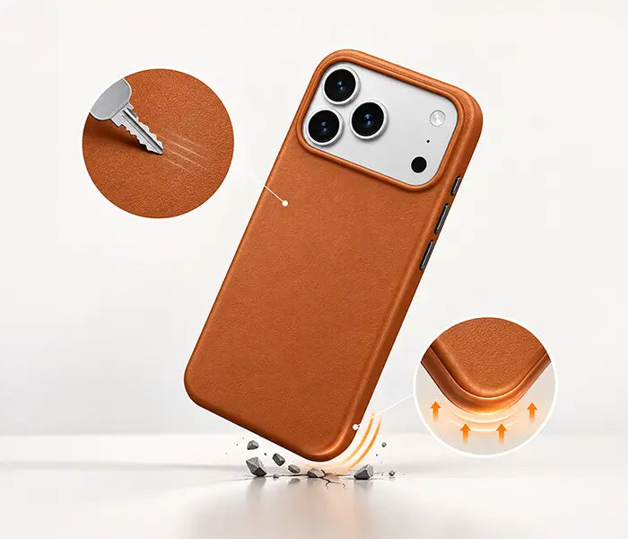 Magnetic PU leather shockproof case with strong built-in magnetic ring, precise magnetic alignment, wireless charging support, and secure accessory attachment.


