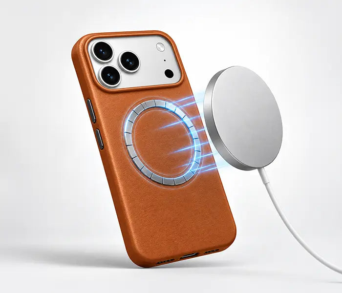 Premium magnetic PU leather shockproof case for iPhone 17 Pro, 17 Pro Max, 18 Pro and 18 Pro Max with reinforced corners, anti-drop protection, scratch-resistant shell and raised camera edges.
