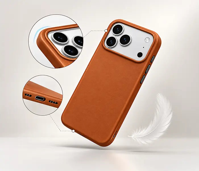 Slim magnetic PU leather shockproof case for iPhone 17 Pro, 17 Pro Max, 18 Pro and 18 Pro Max featuring precision cutouts, lightweight ergonomic fit, pocket-friendly design and responsive buttons.
